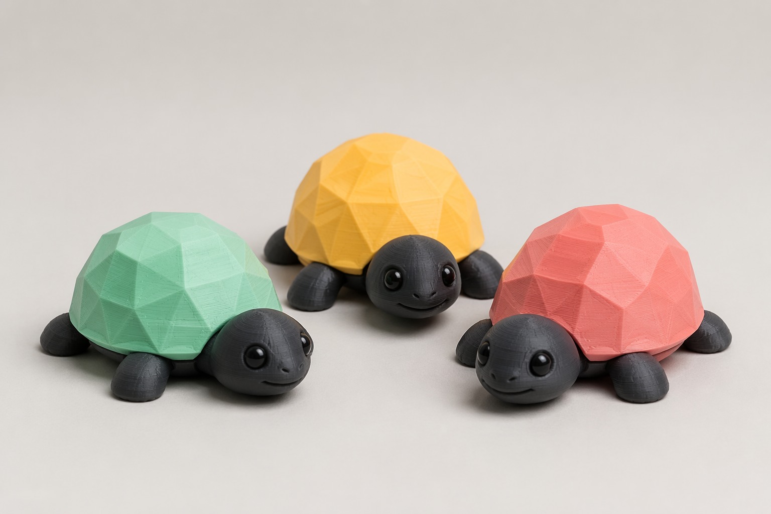 3D printed shell-top turtle desk toys in mint, yellow and coral